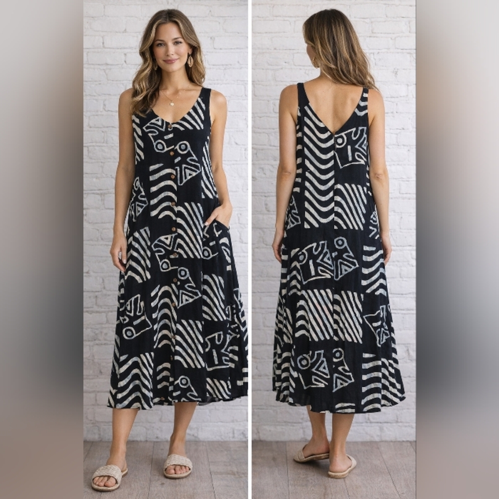 flamingo pearl inc abstract print midi dress black white sleeveless artsy boho l